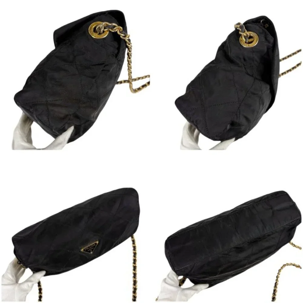 Prada Quilted Chain Shoulder Bag Triangle Logo Black Tessuto Nylon - Picture 6 of 10
